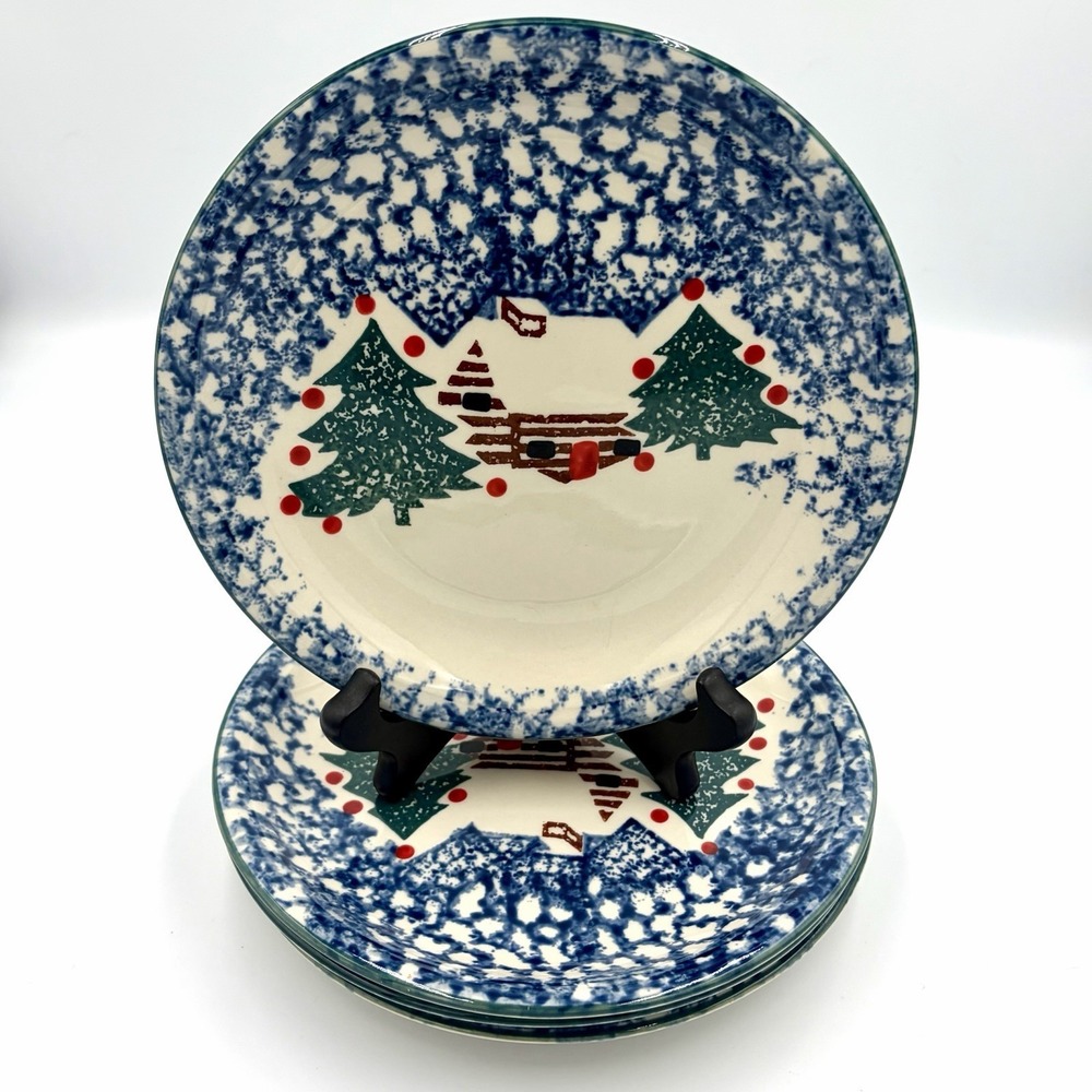 Tienshan Folk Craft Salad Dessert Plates Cabin In The Snow Christmas SET OF 4